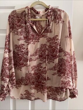 Women's Printed Peasant Blouse - tan with Maroon Toile